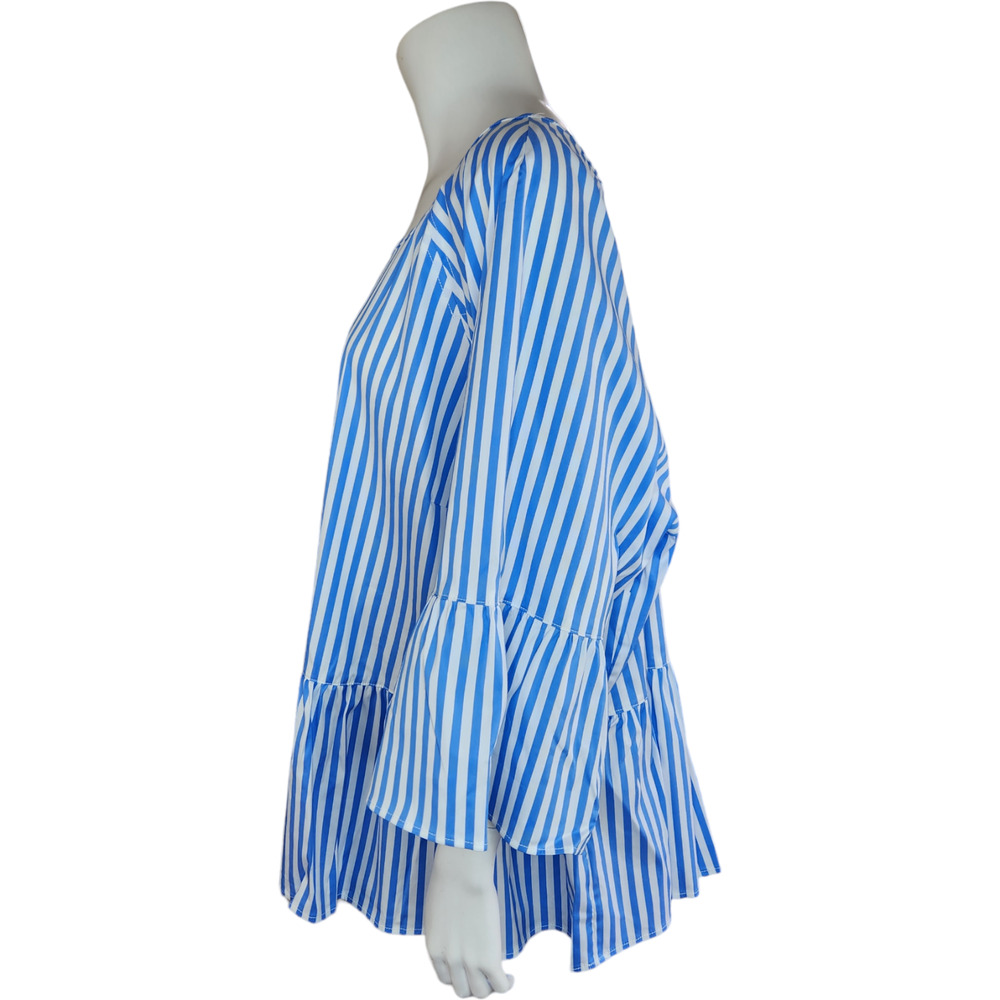 Lands End Popover Blouse Peplum Bell Sleeve Scoop Neck Striped Blue White 24W - Picture 4 of 11